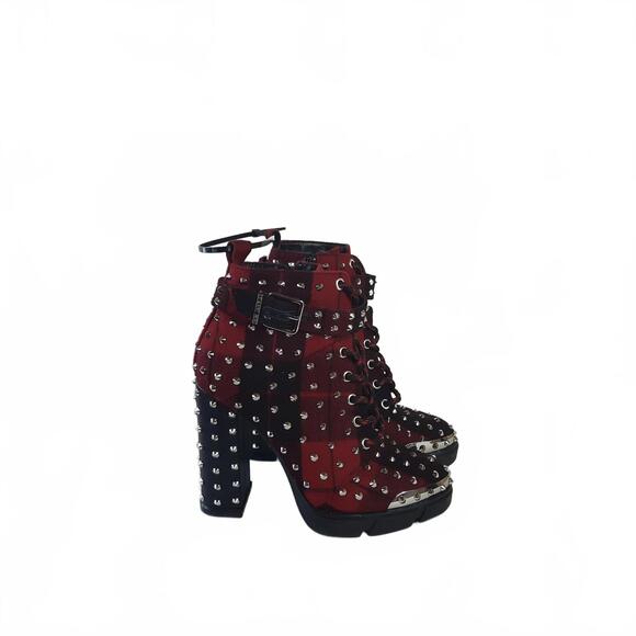 Gianni Bini Shoes - Gianni Bini Red and Black Plaid Studded Chunky Boots Size 7.5